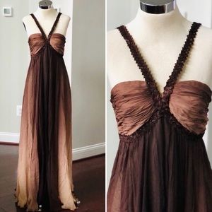 Tan & Brown Ombre Silk Beaded Gown Formal Dress